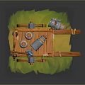 Wooden Functional Cart With Wheels Containers And Tools On Green Grass Base