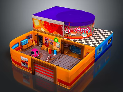 Cartoon Colorful Shop Scene With Orange Walls Purple Roof Interior And Cartoon Characters 3d model