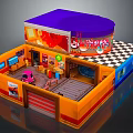 Cartoon Colorful Shop Scene With Orange Walls Purple Roof Interior And Cartoon Characters
