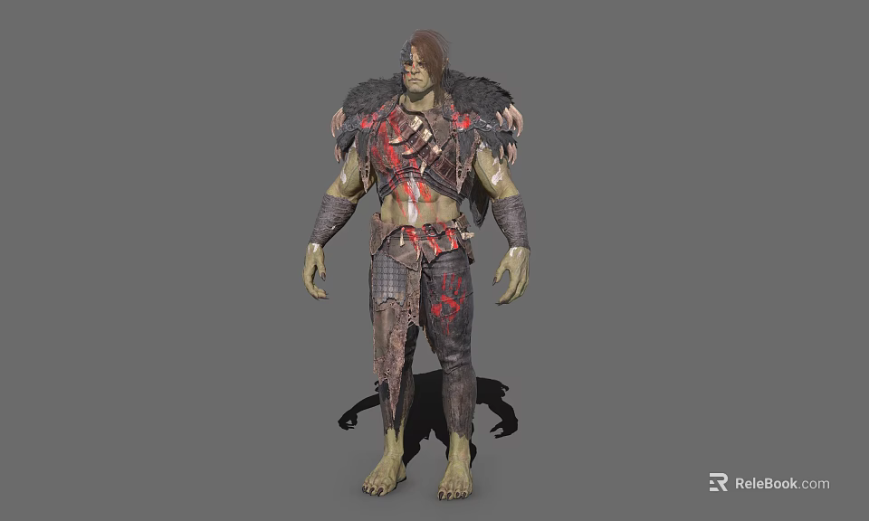 Warrior Game Movie Character With Green Skin Fur Shoulder Armor And Bloodstained Clothing 3d model