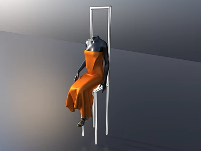 Model Wearing Orange Dress Sitting On Modern Chair With Dark Background 3d model