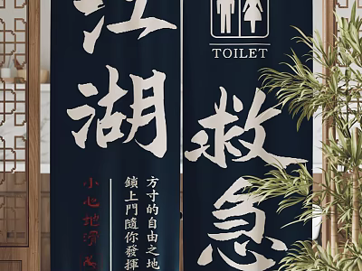 Dark Blue Chinese Calligraphy Curtains For Toilet Area In Traditional Style 3d model