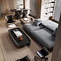 Modern Living Dining Room Interior With Wooden Walls Gray Sofa And Fireplace