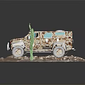 Camouflage Off Road Vehicle with Cactus and Rocks on Desert Terrain