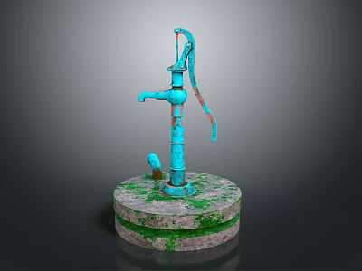 Rustic Blue Manual Water Pump On Round Stone Base With Green Moss Growth 3d model