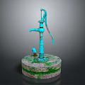 Rustic Blue Manual Water Pump On Round Stone Base With Green Moss Growth 3d model