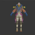 Adventurous Character In Orange Blue Hooded Outfit With Backpack And Creature Companion