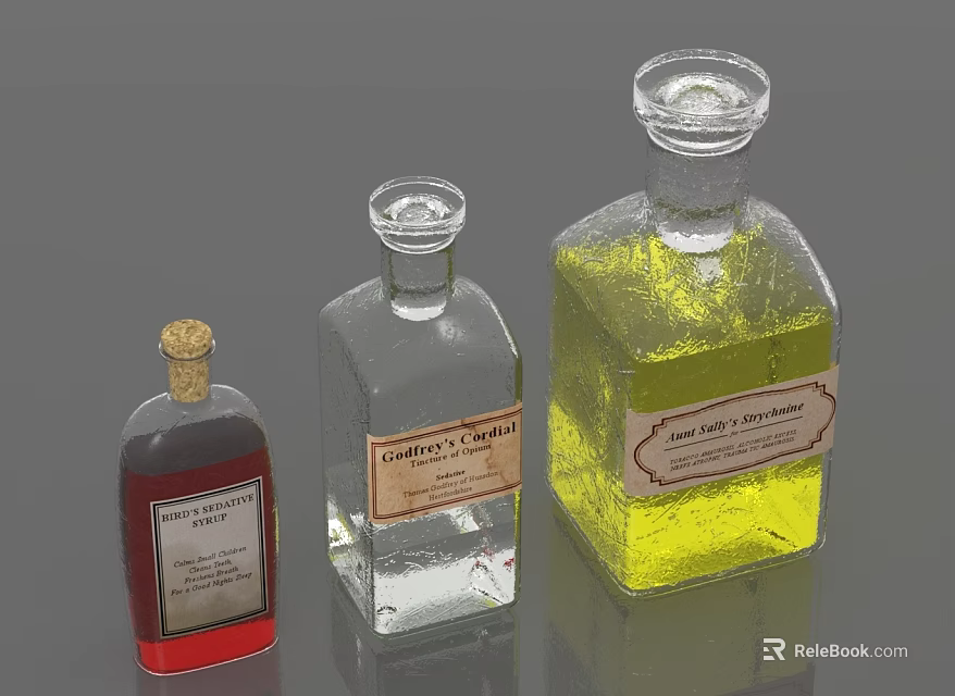 Assorted Glass Bottles With Different Sizes Colored Liquids And Labels Cherry Brandy Vanilla Extract 3d model 