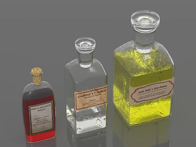 Assorted Glass Bottles With Different Sizes Colored Liquids And Labels Cherry Brandy Vanilla Extract 3d model