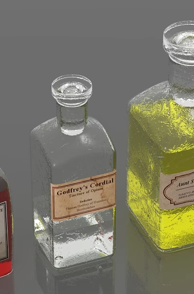 Assorted Glass Bottles With Different Sizes Colored Liquids And Labels Cherry Brandy Vanilla Extract 3d model