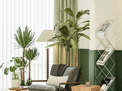 Leather Leisure Chair With Pillow Palm Plants Floor Lamp And Magazine Rack In Modern Interior 3d model