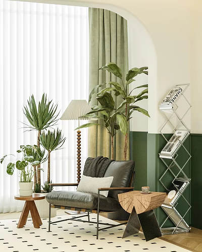 Leather Leisure Chair With Pillow Palm Plants Floor Lamp And Magazine Rack In Modern Interior 3d model