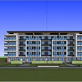 Modern Apartment Building Exterior With Large Glass Windows Lawn And Water Feature