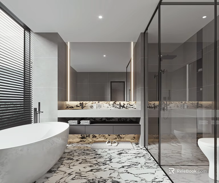 Modern Bathroom Interior Design With White Bathtub Large Mirror Glass Shower Enclosure And Marble Floor 3d model 