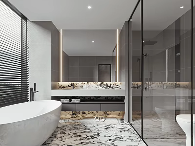 Modern Bathroom Interior Design With White Bathtub Large Mirror Glass Shower Enclosure And Marble Floor 3d model