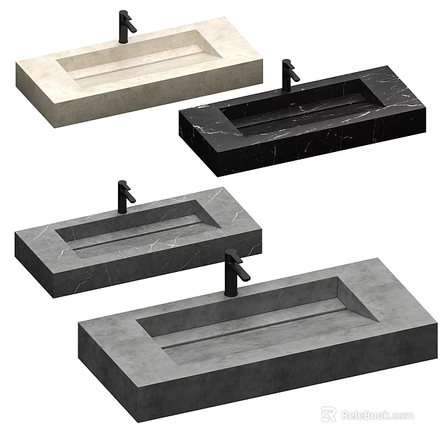 Modern Rectangular Stone Washbasins With Black Faucets For Bathroom Countertop 3d model