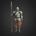 Game Movie Medieval Warrior Character With Plate Armor Helmet And Spear