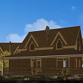 Detached Villa Exterior With Brown Gable Roof Chimneys Porch Railing And Yellow Trees