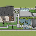 Modern Courtyard Garden With Cherry Blossom Trees Pond Pavilion And Lawn