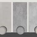 Three Sphere Sculptures In White Light Green And Light Gray Against Light Colored Walls With Green Panel And Illumination