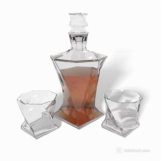 Elegant Transparent Glass Wine Bottle With Brown Liquid And Geometric Whiskey Glasses 3d model 