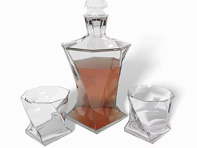 Elegant Transparent Glass Wine Bottle With Brown Liquid And Geometric Whiskey Glasses 3d model