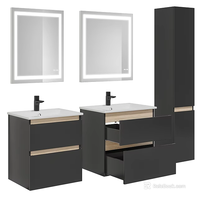 Black and wood double washbasin vanity with illuminated mirrors and storage cabinets 3d model 