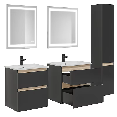 Black and wood double washbasin vanity with illuminated mirrors and storage cabinets 3d model
