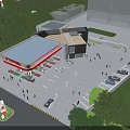 Aerial View Planning of Commercial Complex With Solar Panel Roofs Parking Lot and Greenery