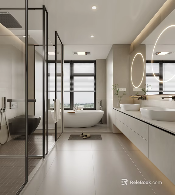 Modern Bathroom Interior Design With Glass Shower Freestanding Bathtub Double Vanity And Round Mirrors 3d model 