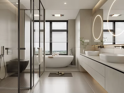 Modern Bathroom Interior Design With Glass Shower Freestanding Bathtub Double Vanity And Round Mirrors 3d model