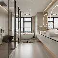 Modern Bathroom Interior Design With Glass Shower Freestanding Bathtub Double Vanity And Round Mirrors