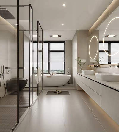 Modern Bathroom Interior Design With Glass Shower Freestanding Bathtub Double Vanity And Round Mirrors 3d model
