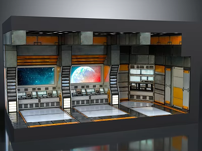 Sci-Fi Control Room With Multiple Consoles Large Screens Earth View And Starry Sky Background 3d model