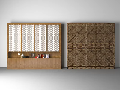 Modern Wooden Storage Cabinets With White Geometric Panels Brown Textured Surfaces And Open Shelves 3d model