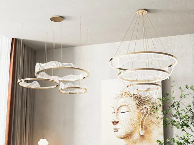 Modern Layered Circular Chandeliers With Gold Frame And White Shade In Interior With Buddha Painting 3d model