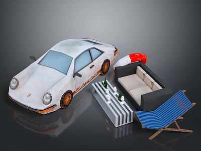 White Car Black Sofa Blue White Striped Deck Chair And Side Table With Green Plants 3d model