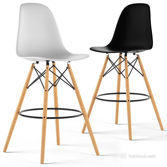 White And Black Modern Single Bar Stools With Wooden Legs And Footrest Ring 3d model 