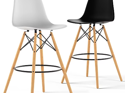 White And Black Modern Single Bar Stools With Wooden Legs And Footrest Ring 3d model