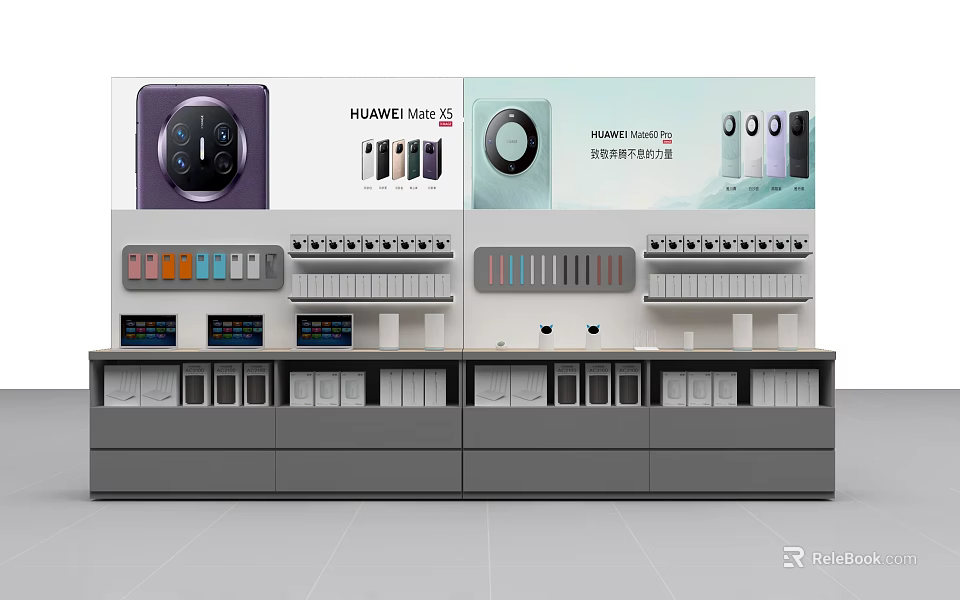 Display Shelves with HUAWEI Products Phones Headphones Chargers and Electronic Devices 3d model 
