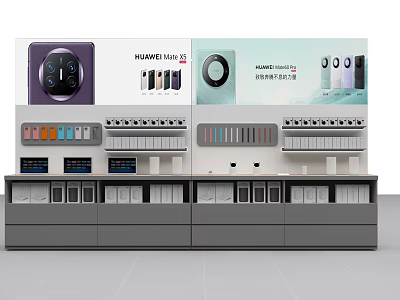Display Shelves with HUAWEI Products Phones Headphones Chargers and Electronic Devices 3d model