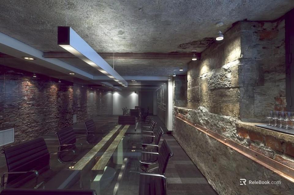 Industrial Conference Room Interior With Stone Walls Concrete Ceiling Hanging Lights And Glass Table 3d model 