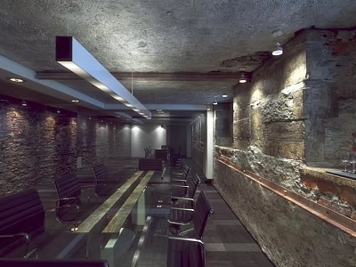 Industrial Conference Room Interior With Stone Walls Concrete Ceiling Hanging Lights And Glass Table 3d model