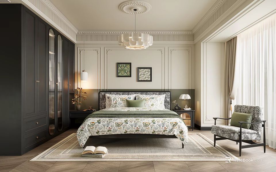 Elegant Comfortable Bedroom With Floral Bedding Decorative Paintings Dark Wood Wardrobe Rug And Armchair 3d model 