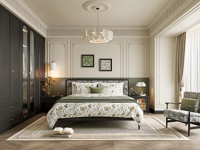 Elegant Comfortable Bedroom With Floral Bedding Decorative Paintings Dark Wood Wardrobe Rug And Armchair 3d model