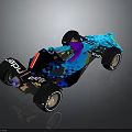 Blue Purple Yellow Patterned Race Car With Large Wheels Number Ten And Polar Logos