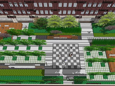 Beautiful Courtyard Garden Design With Green Plants Checkerboard Path And Seating Areas 3d model