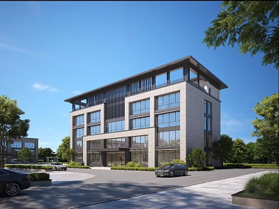 Modern Office Building With Glass Windows Multi Story Architecture Surrounded By Trees Parking Area 3d model