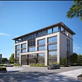 Modern Office Building With Glass Windows Multi Story Architecture Surrounded By Trees Parking Area