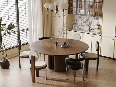 Modern Restaurant Dining Area With Round Wooden Table Chandelier Cabinets And Potted Plant 3d model